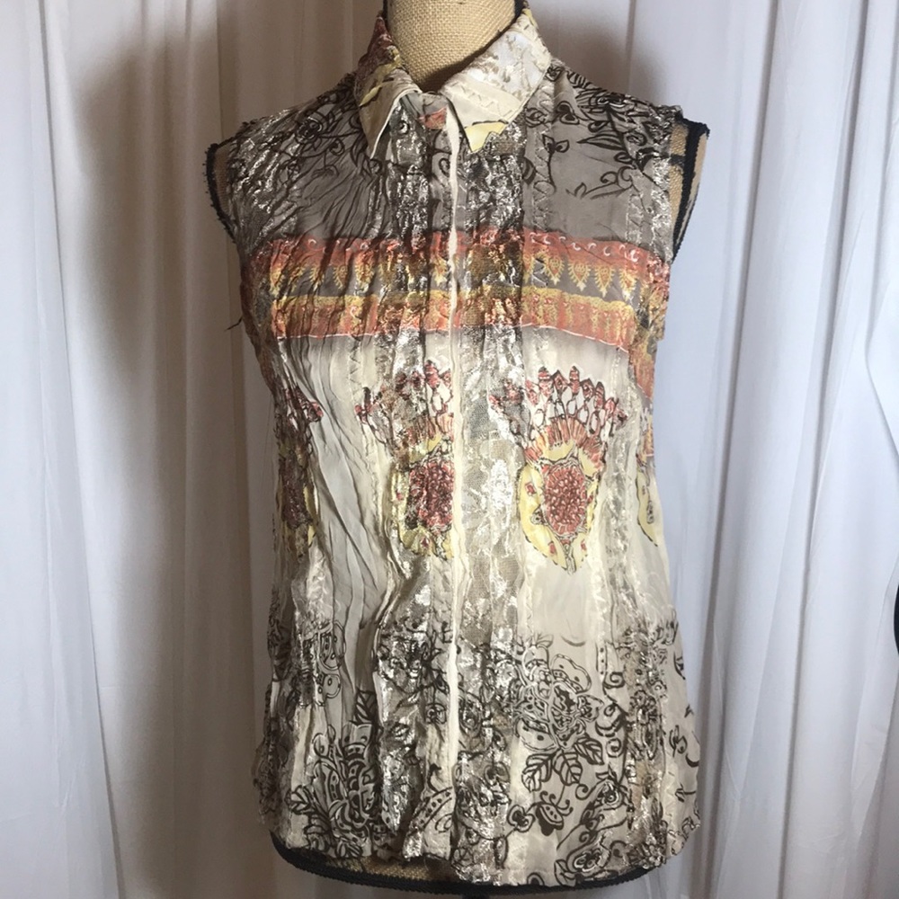 Agora Crinkle Chiffon Lace Sleeveless Blouse Snaps